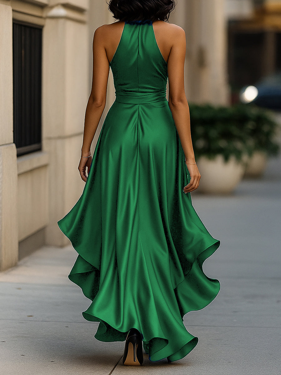 Satin Halter Maxi Dress with Ruffle Hem and Bow Waist