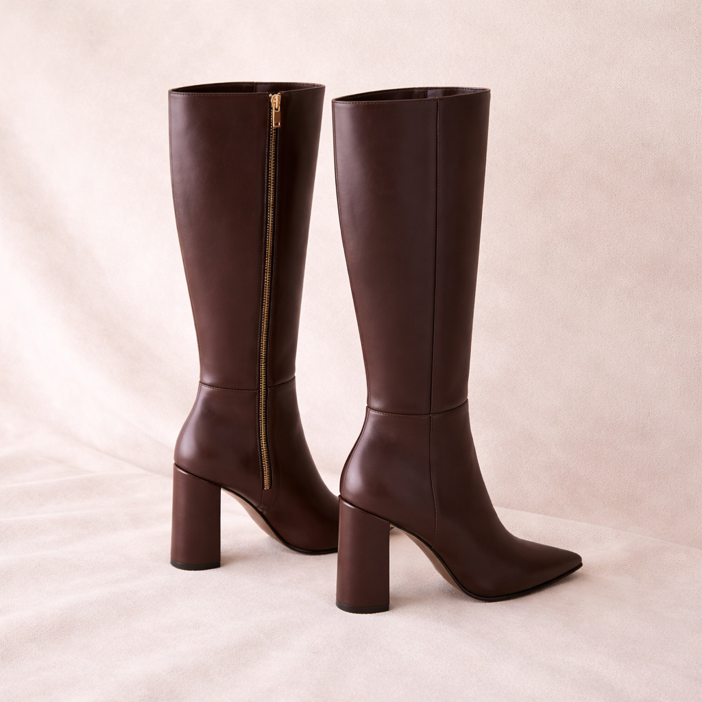 Women's Leather Knee High Boots with Block Heel