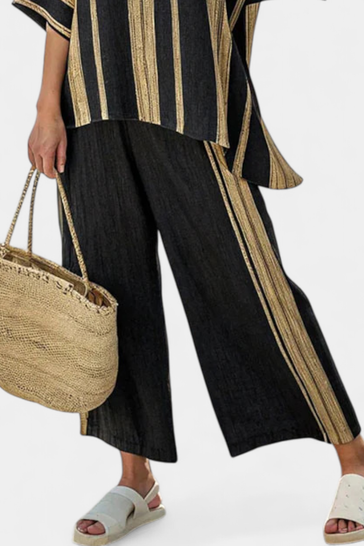 Women's Linen Co-ord Set with Striped Oversized Top and Wide Leg Pants