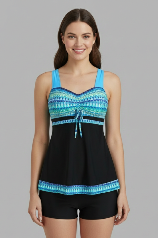 Tankini Swimsuit Set with Tie Front and Printed Top