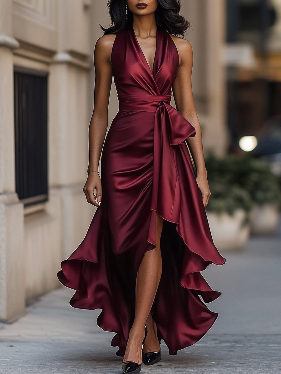 Satin Halter Maxi Dress with Ruffle Hem and Bow Waist