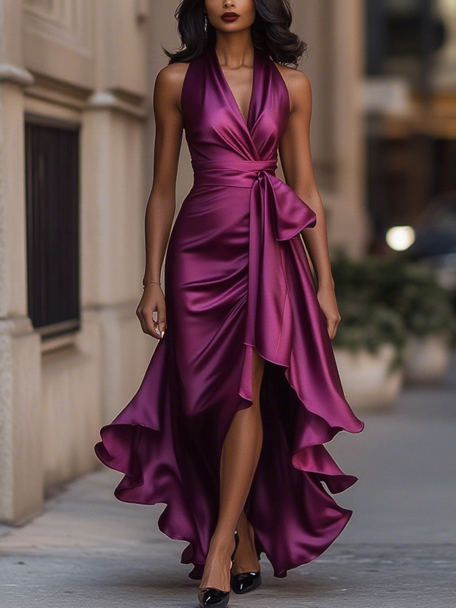 Satin Halter Maxi Dress with Ruffle Hem and Bow Waist