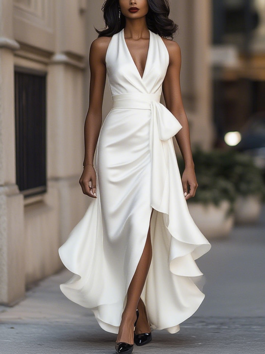 Satin Halter Maxi Dress with Ruffle Hem and Bow Waist