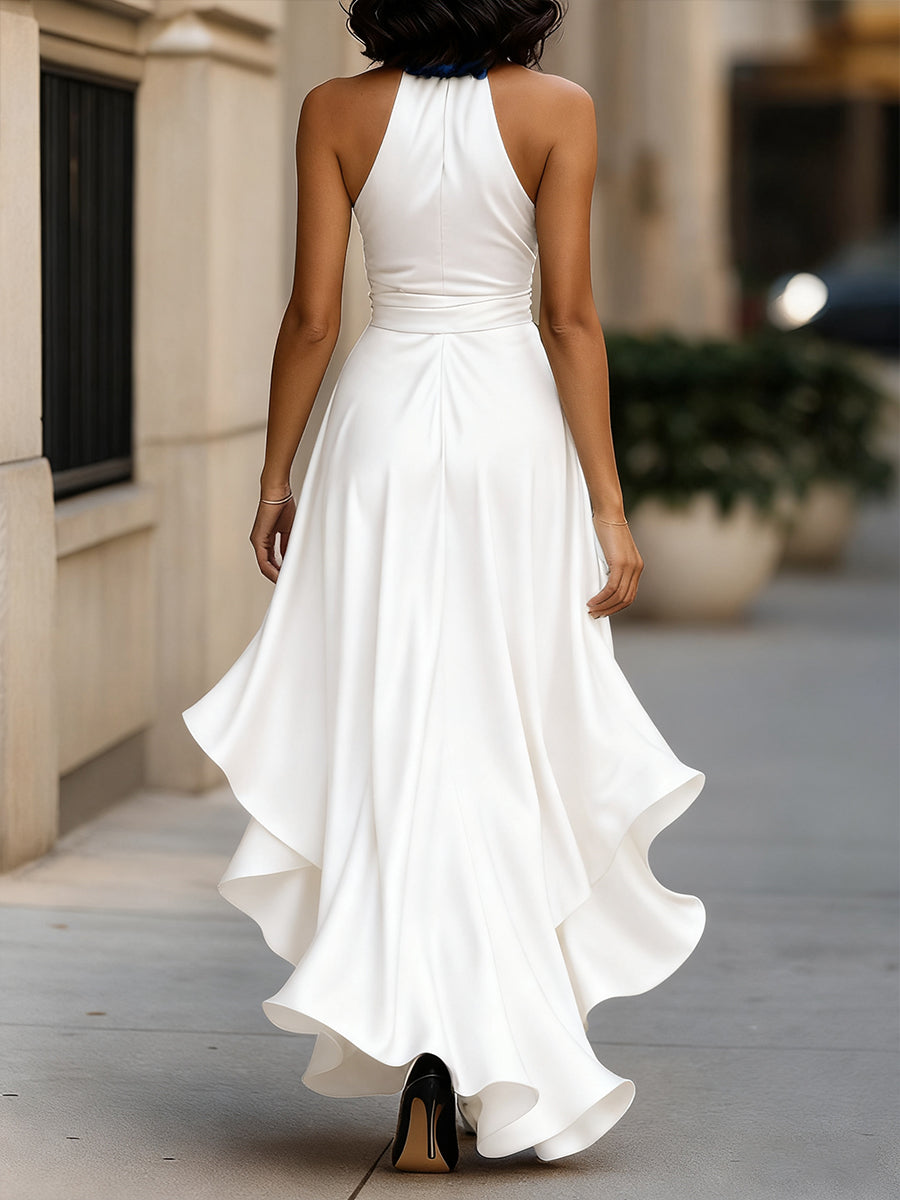 Satin Halter Maxi Dress with Ruffle Hem and Bow Waist