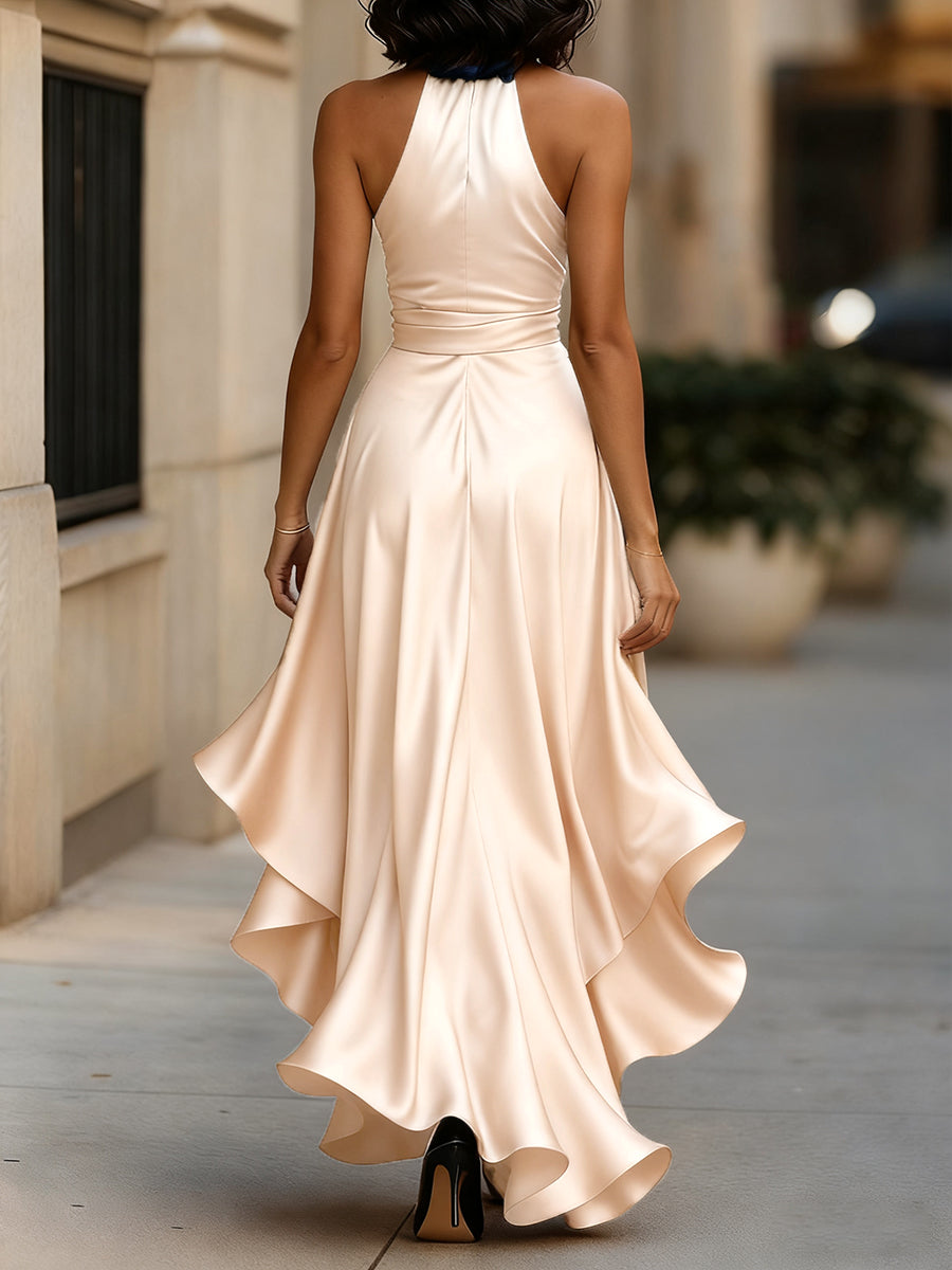 Satin Halter Maxi Dress with Ruffle Hem and Bow Waist