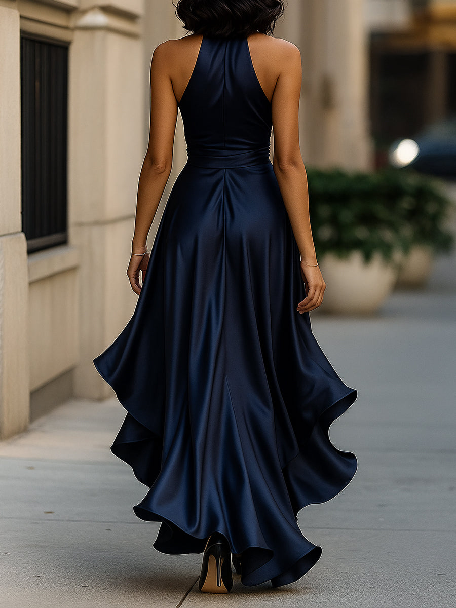 Satin Halter Maxi Dress with Ruffle Hem and Bow Waist