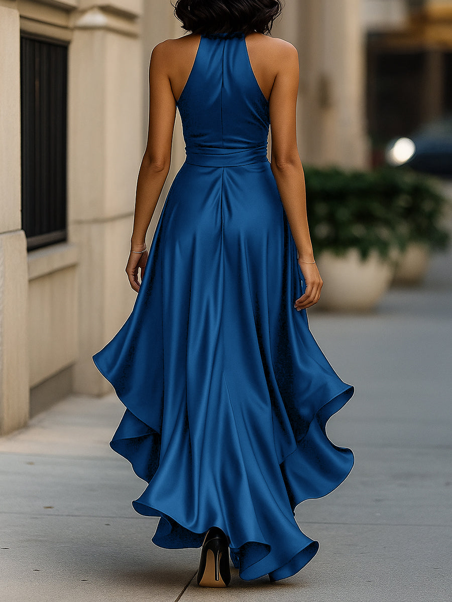 Satin Halter Maxi Dress with Ruffle Hem and Bow Waist