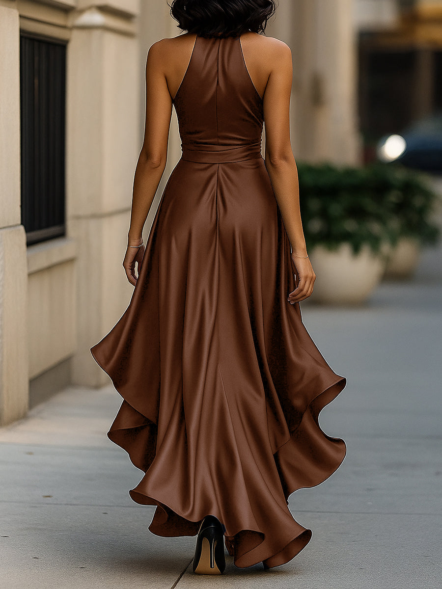 Satin Halter Maxi Dress with Ruffle Hem and Bow Waist
