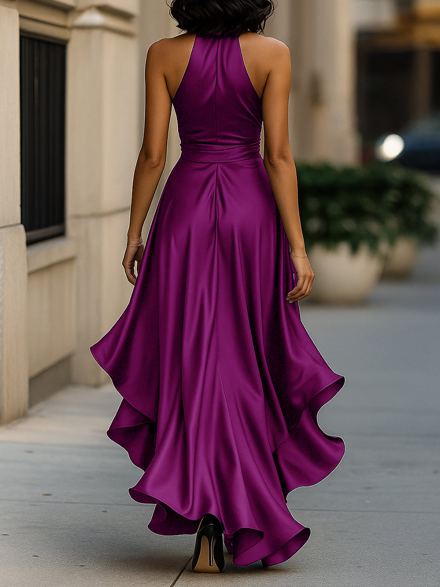 Satin Halter Maxi Dress with Ruffle Hem and Bow Waist