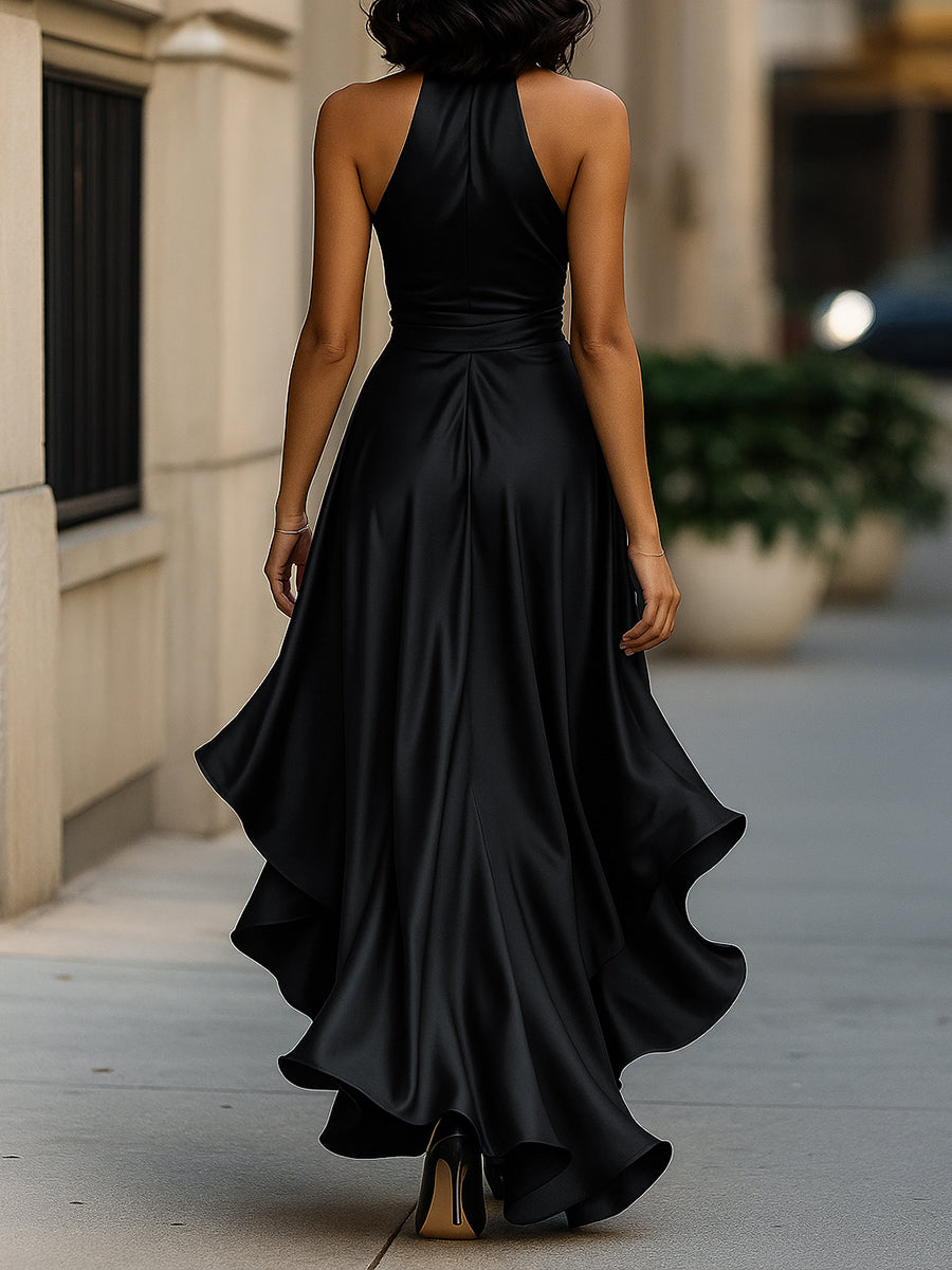 Satin Halter Maxi Dress with Ruffle Hem and Bow Waist