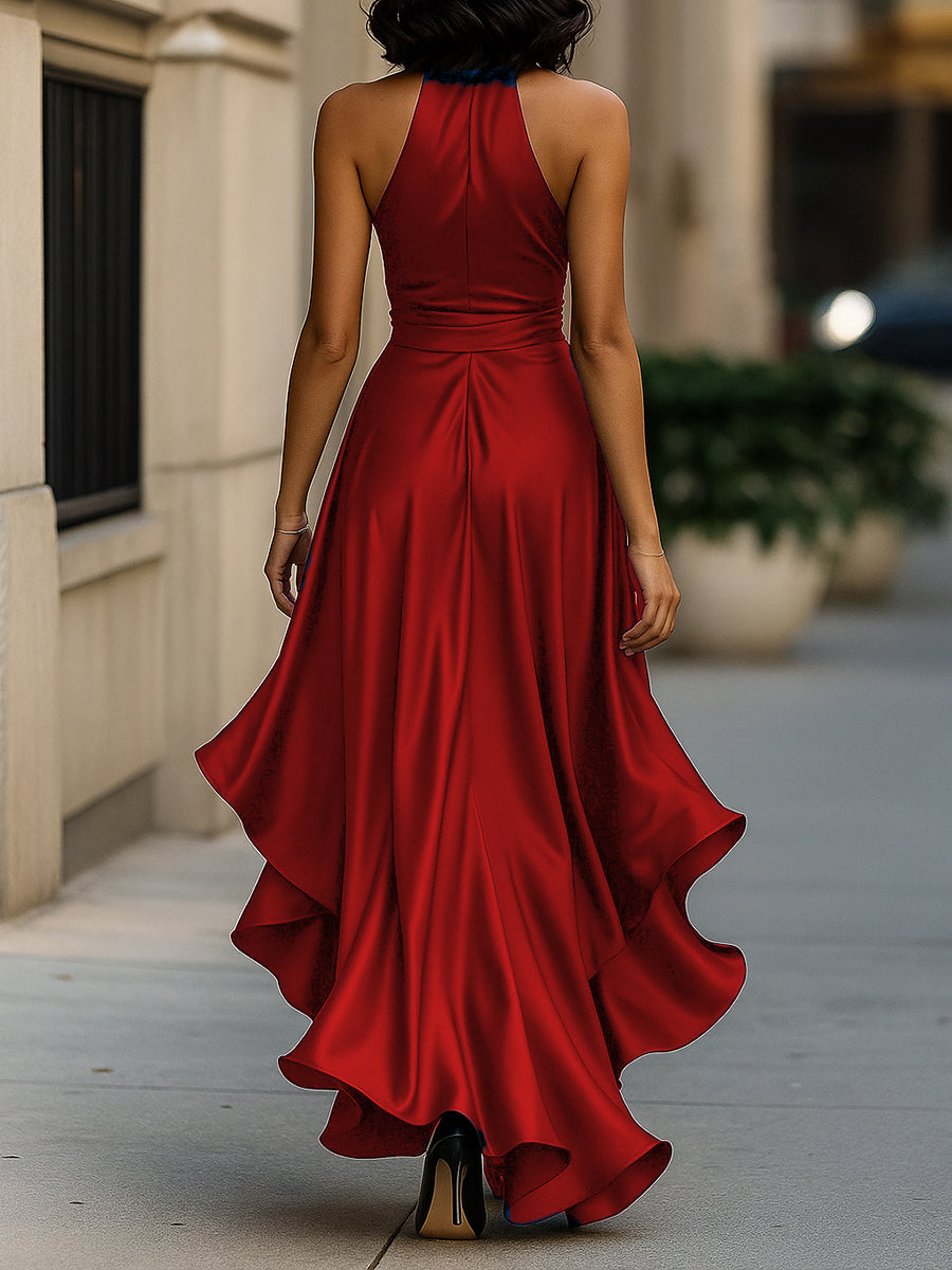 Satin Halter Maxi Dress with Ruffle Hem and Bow Waist