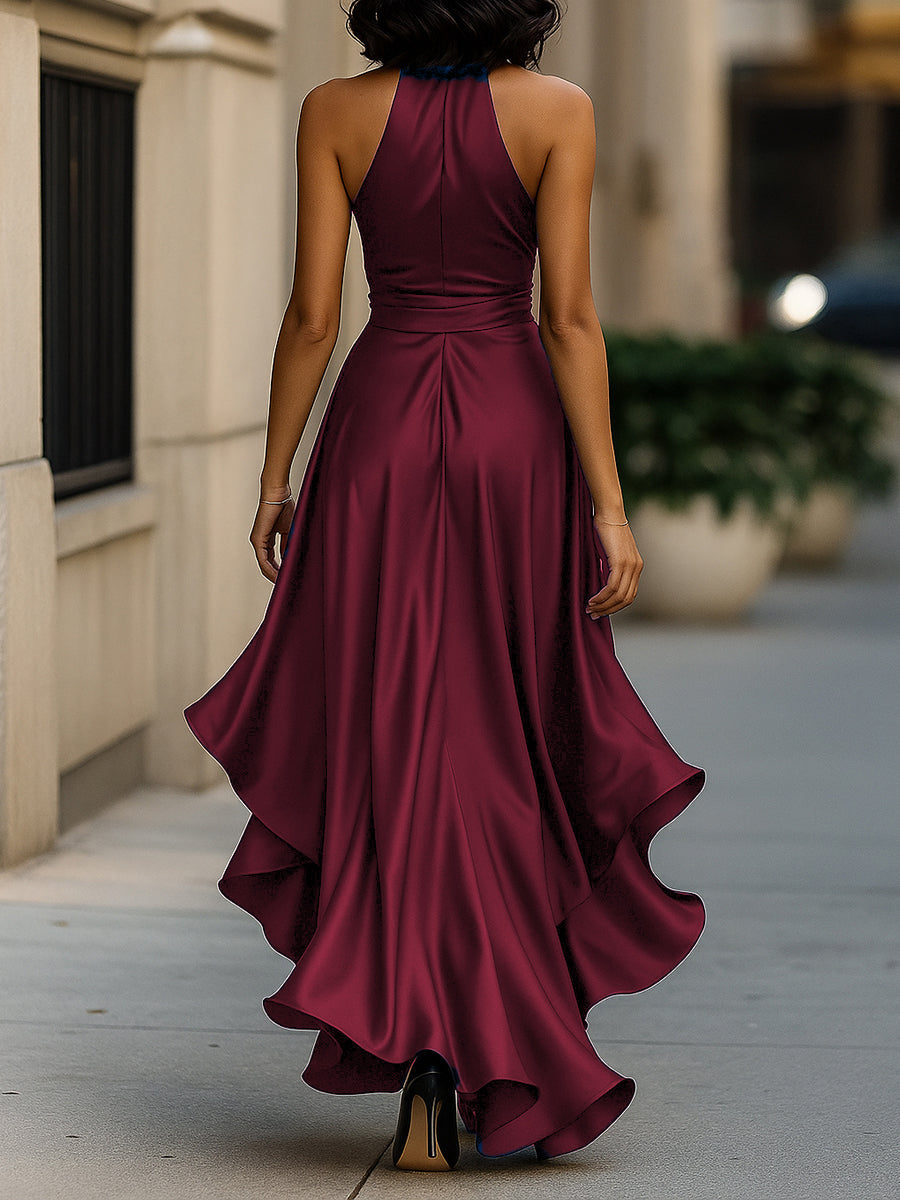 Satin Halter Maxi Dress with Ruffle Hem and Bow Waist