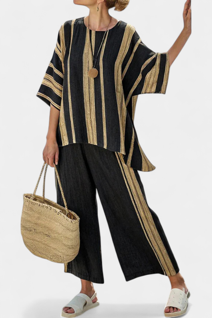 Women's Linen Co-ord Set with Striped Oversized Top and Wide Leg Pants