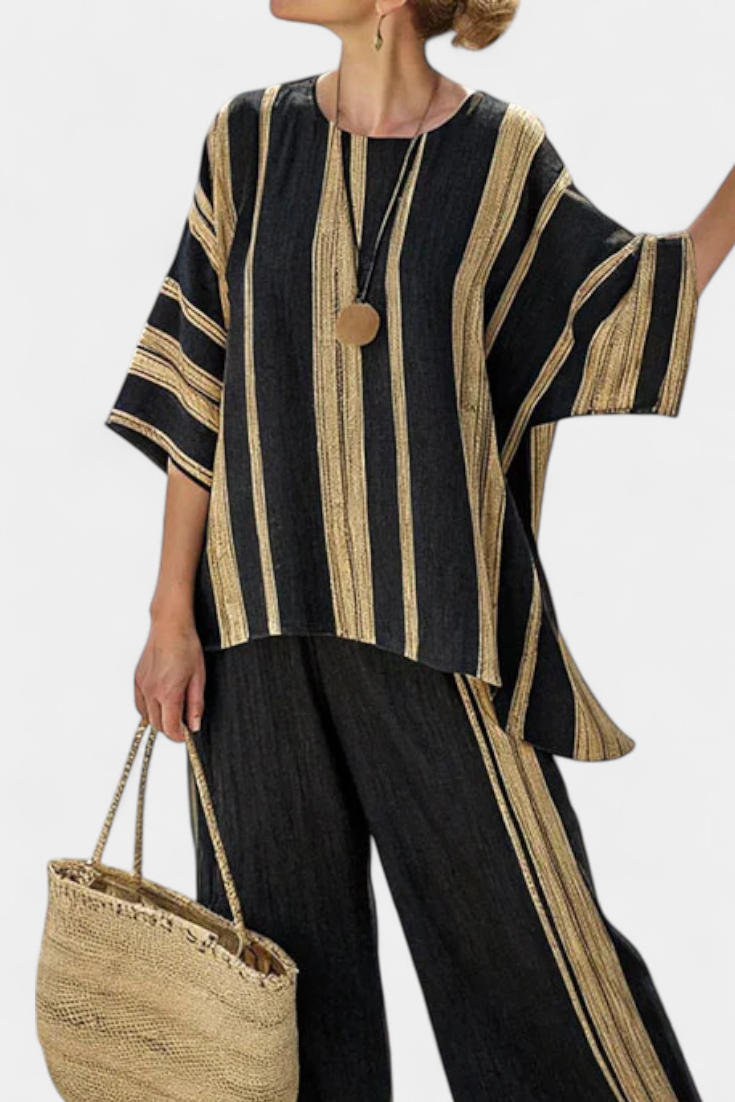 Women's Linen Co-ord Set with Striped Oversized Top and Wide Leg Pants