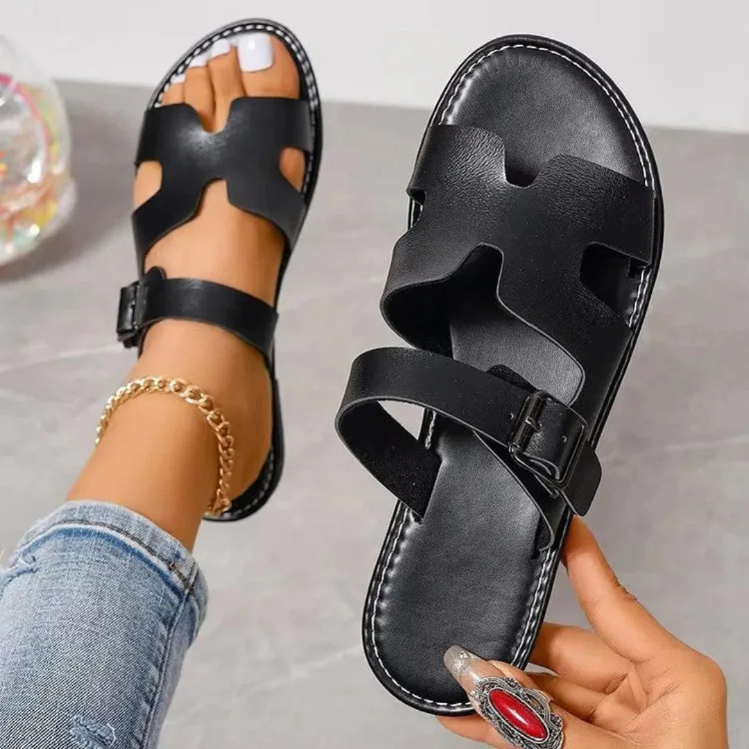 Sienna | Flat Sandals with Buckle Strap in Faux Leather
