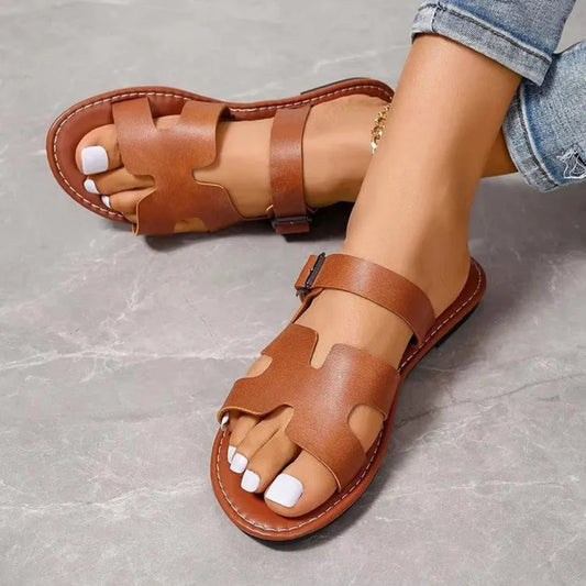 Sienna | Flat Sandals with Buckle Strap in Faux Leather