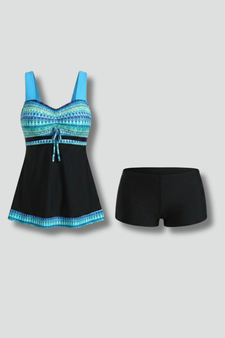 Tankini Swimsuit Set with Tie Front and Printed Top