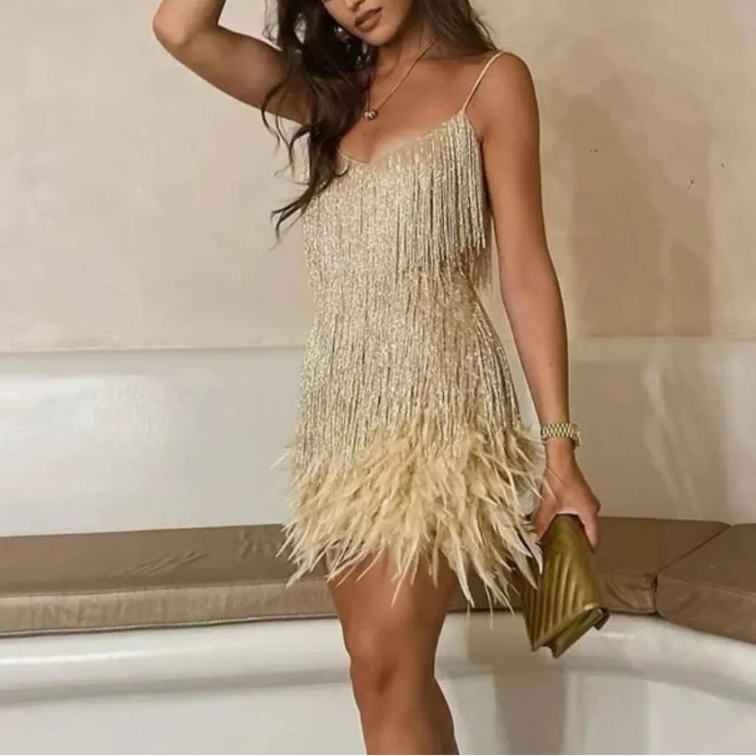Bianca | Sequin Cocktail Dress with Fringe and Feather Hem