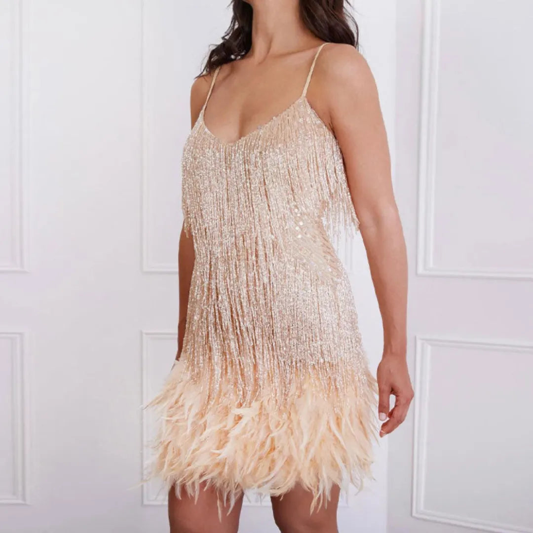 Bianca | Sequin Cocktail Dress with Fringe and Feather Hem